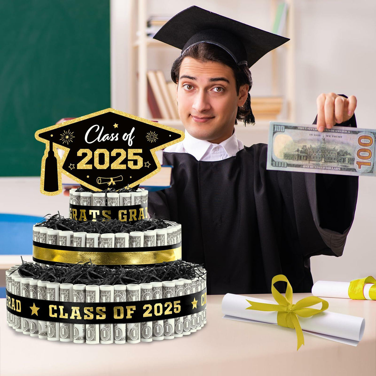 3 Tier Black Gold Graduation Cap Cake Party Decor Gifts Class of 2025