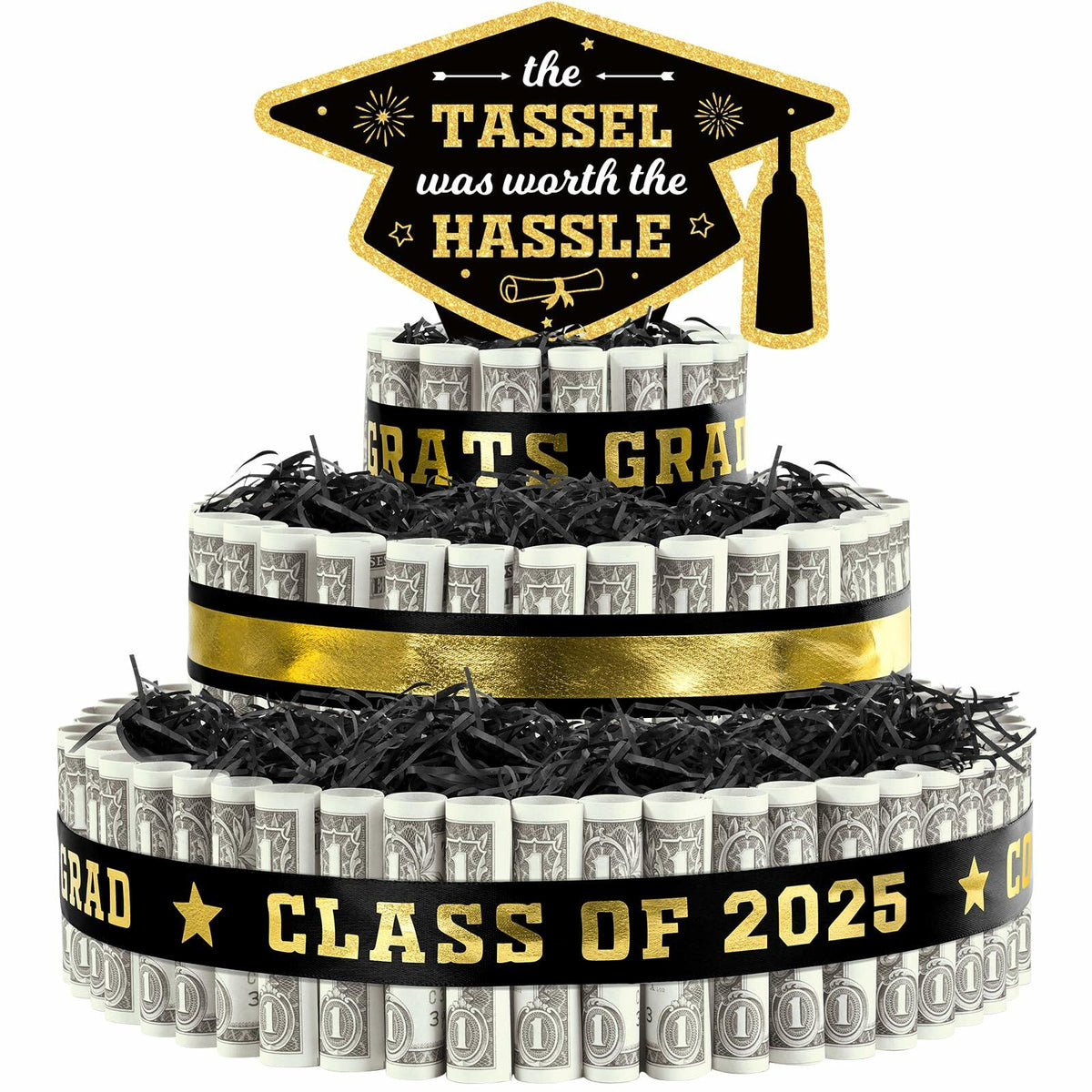 3 Tier Black Gold Graduation Cap Cake Party Decor Gifts Class of 2025