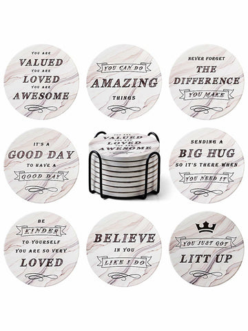 White Elephant Marble Ceramic Drink Coasters Set of 8 with Holder