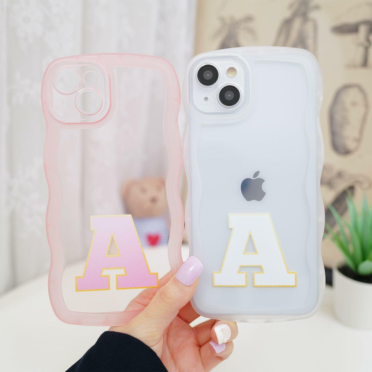 Hasoncase iPhone 13 Case Personalized Initials Curly Wave TPU Clear Pink 6.1"