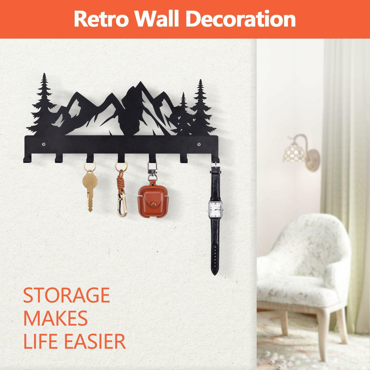 FIPUTE Metal Wall Key Holder with 7 Hooks Black Organizer Rack