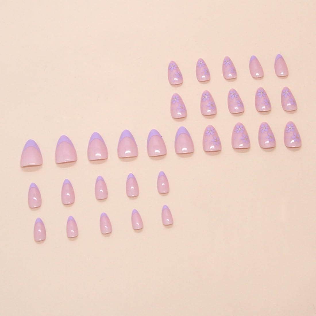 Press On Nails Purple Flower Design Fake Nail Art Manicure 30 Pcs