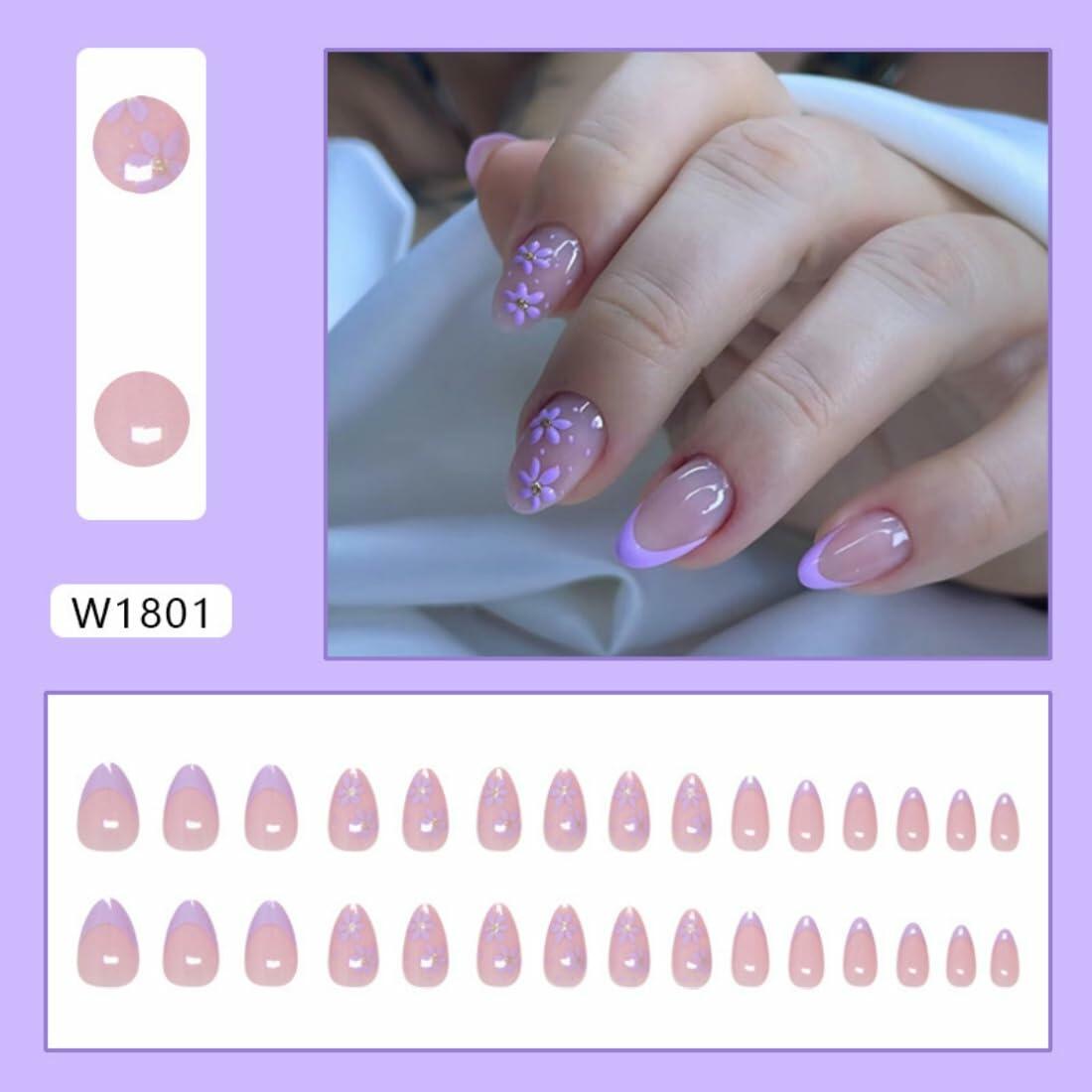 Press On Nails Purple Flower Design Fake Nail Art Manicure 30 Pcs