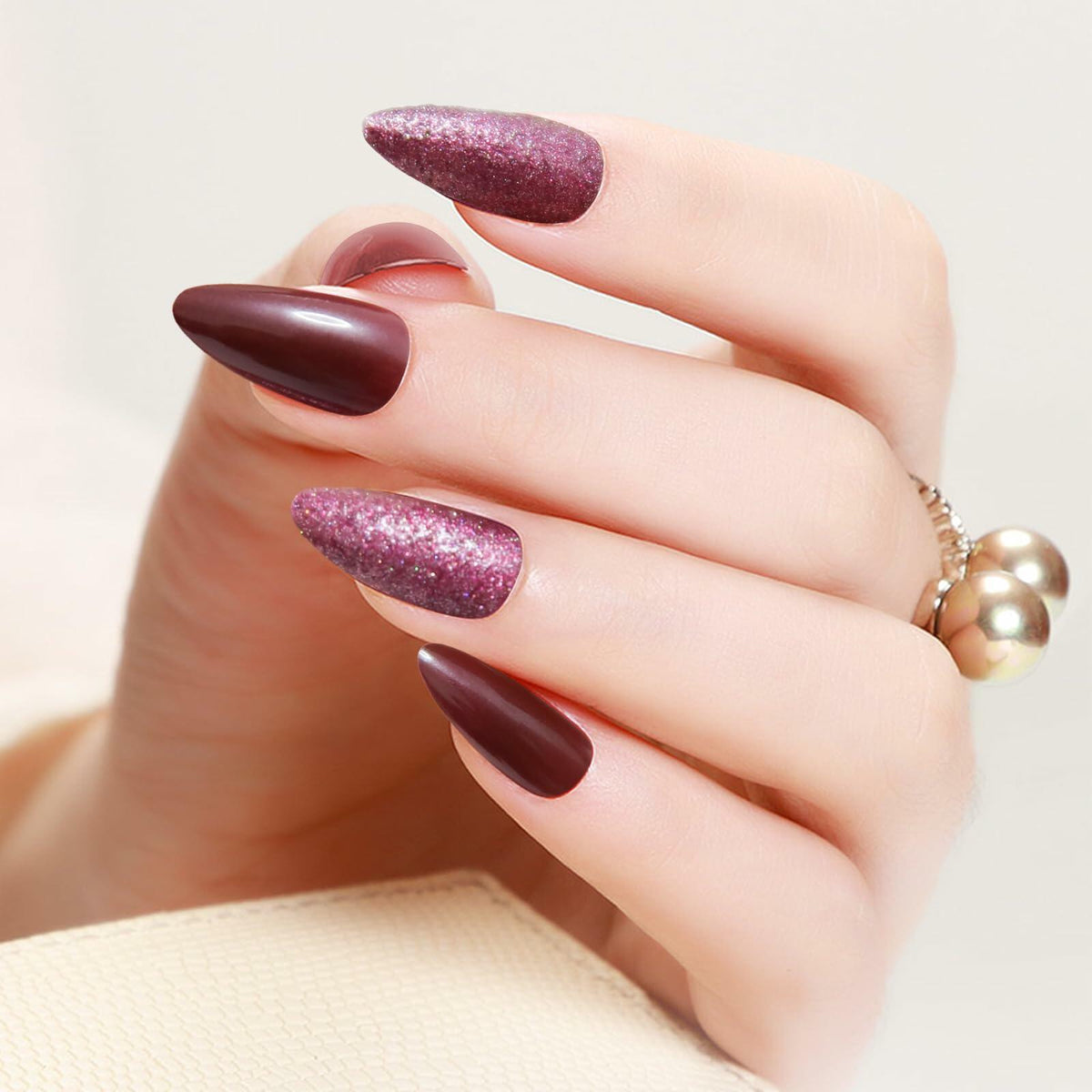 Yersunsy 24Pcs Almond Long Press On Nails Glitter Bling Wine Red