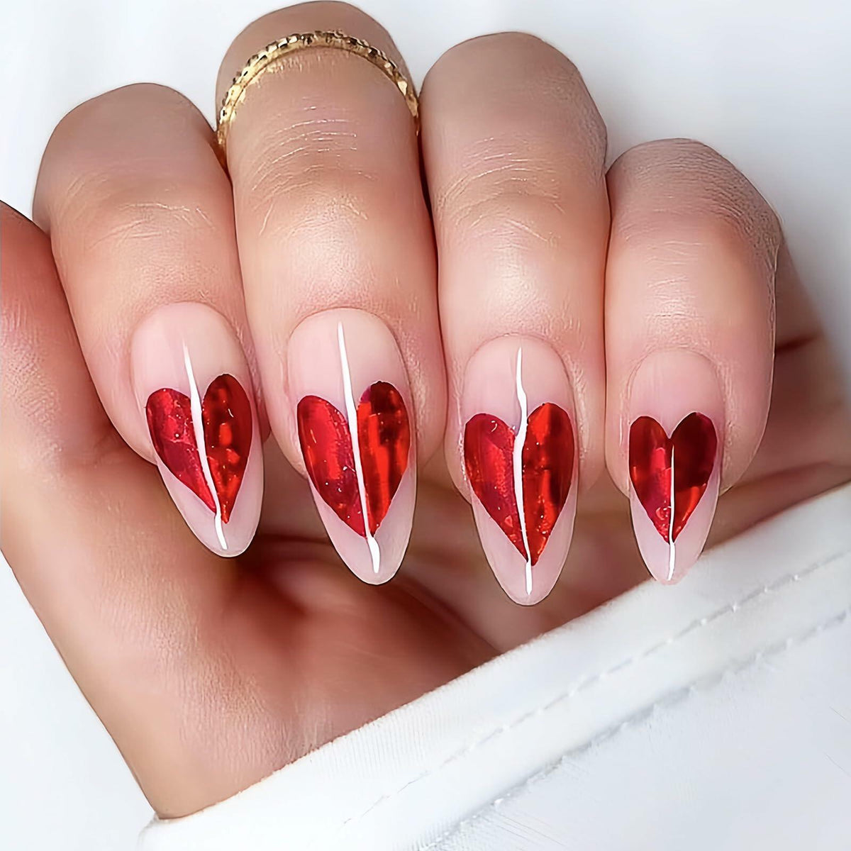 Valentine's Day Press On Nails Red French Tip Heart Design 24PCS Medium Size