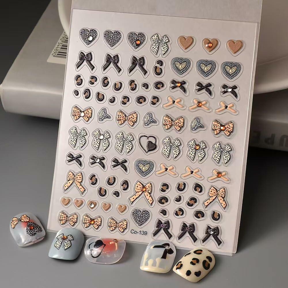 Tisaindor 5D Embossed Bow Nail Art Stickers 3 Sheets Colorful Self Adhesive