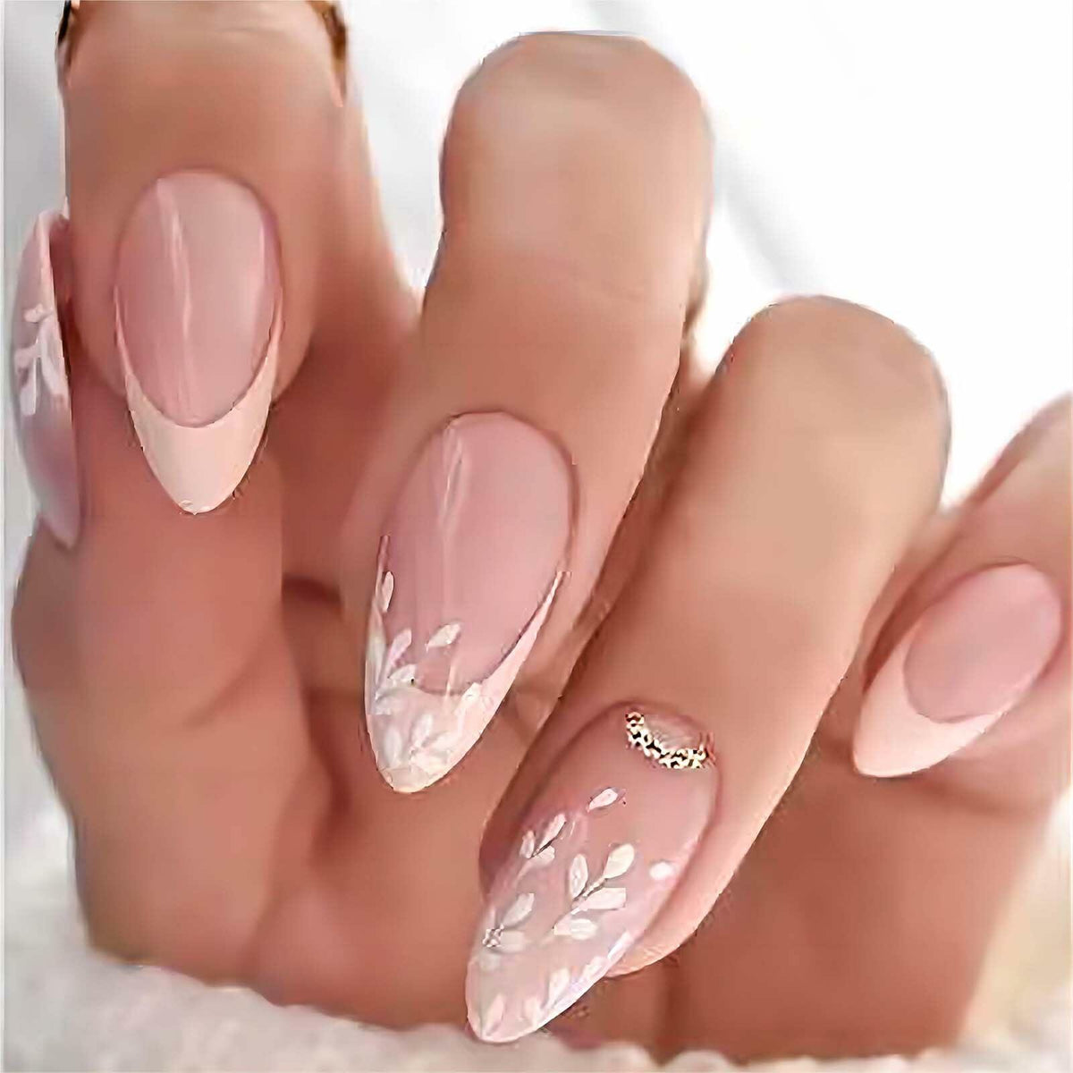 RUOKEXIN Pink Press On Nails Medium Almond French White Tip Glitter Leaves