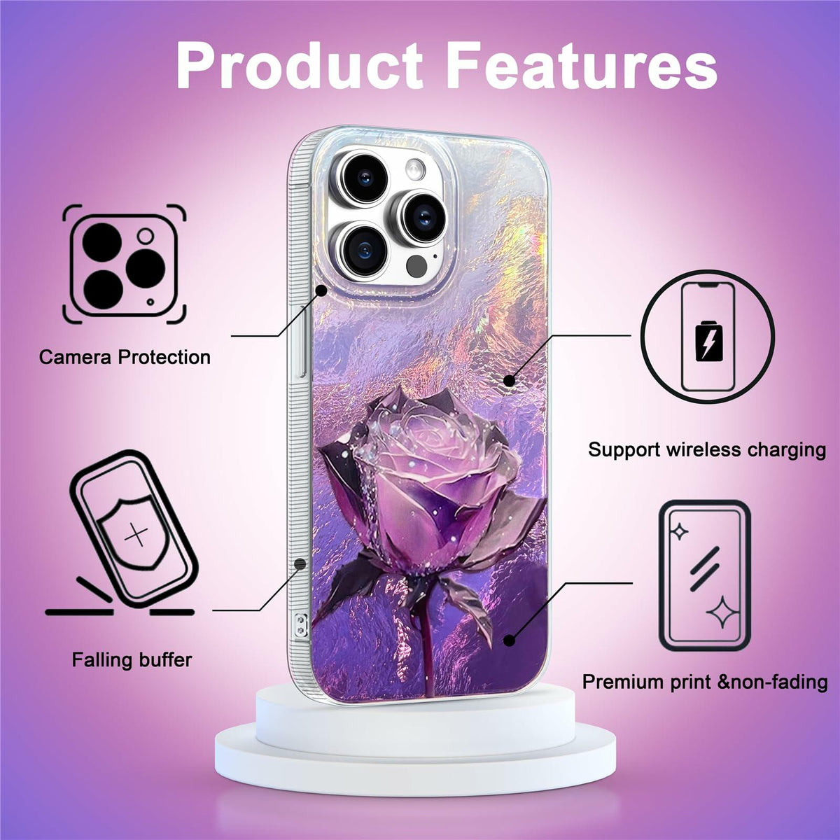 buccilly iPhone 12 Pro Max Case Slim TPU Shockproof Purple Roses Floral