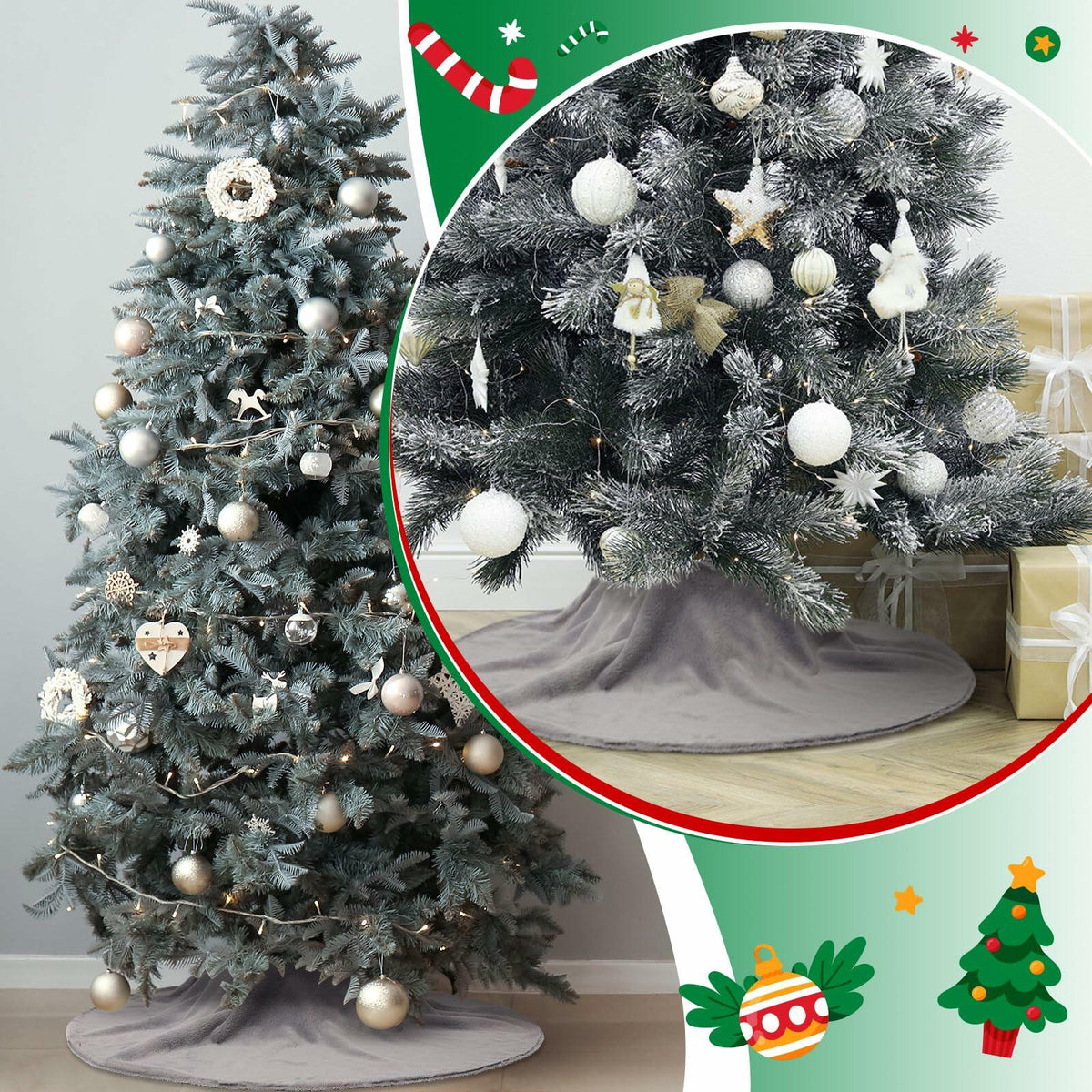 HyDren Velvet Cozy Christmas Tree Skirt Grey Brown Faux Fur 30 Inch