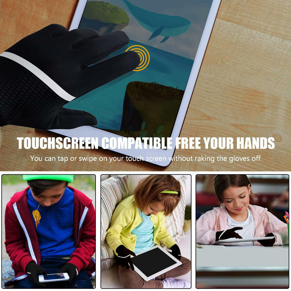 VigorGlove Kids Running Thermal Fleece Touch Screen Gloves Black Size S