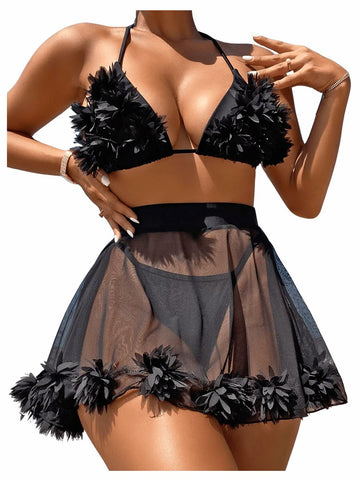 OYOANGLE Women's 3-Piece Halter Triangle Bikini Swimsuit Mesh Skirt Black M