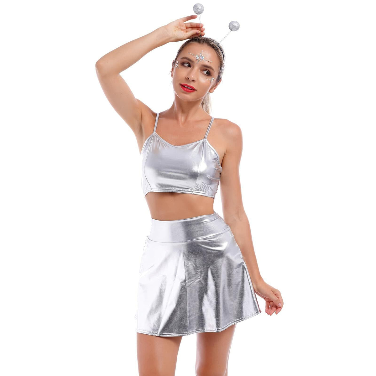 Alien Costume Women Metallic Crop Top Skirt Headband Silver Size 2XL
