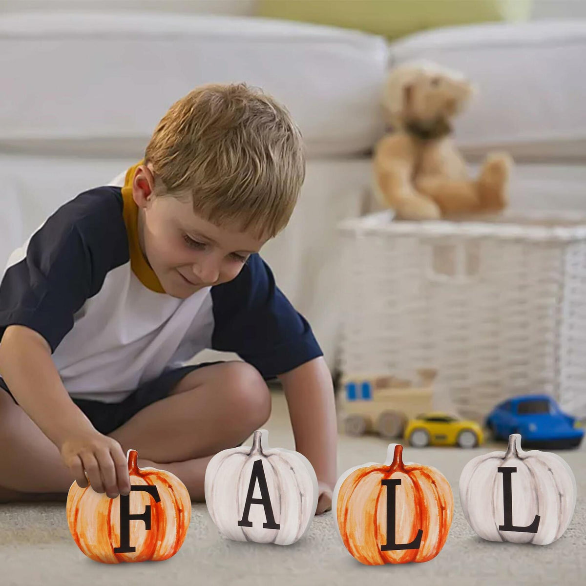 Popest 4 PCS Fall Pumpkin Decor Wood Sign Block Set White Farmhouse