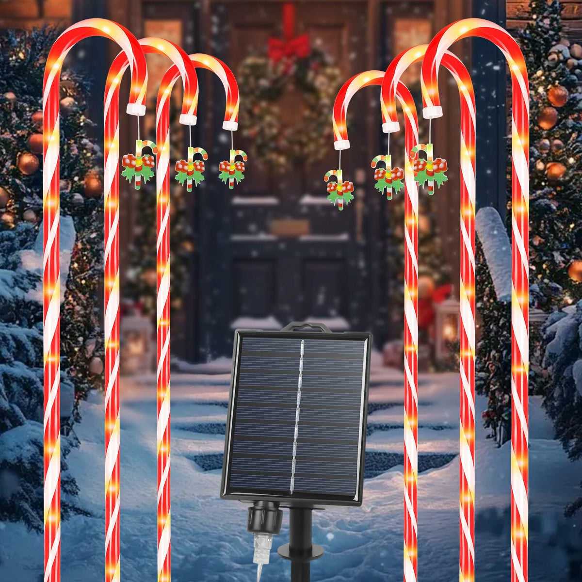 Qoosea Solar Christmas Lights 6 Pack Waterproof Candy Cane 78 LED Warm White
