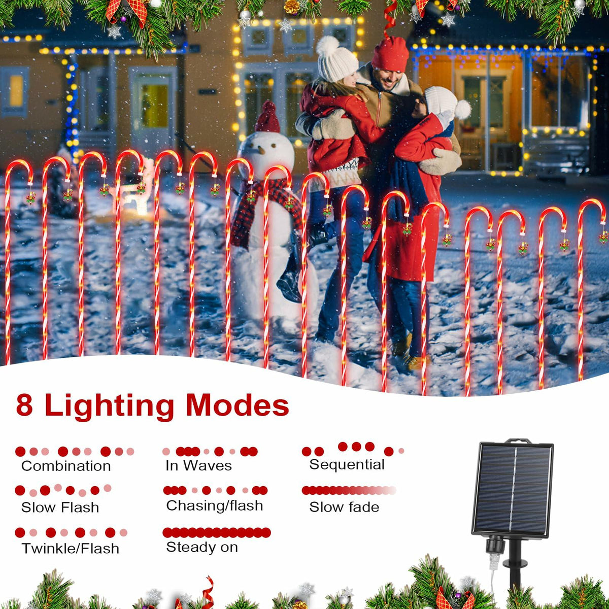 Qoosea Solar Christmas Lights 6 Pack Waterproof Candy Cane 78 LED Warm White