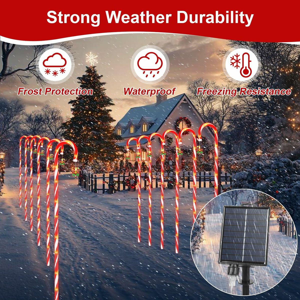 Qoosea Solar Christmas Lights 6 Pack Waterproof Candy Cane 78 LED Warm White