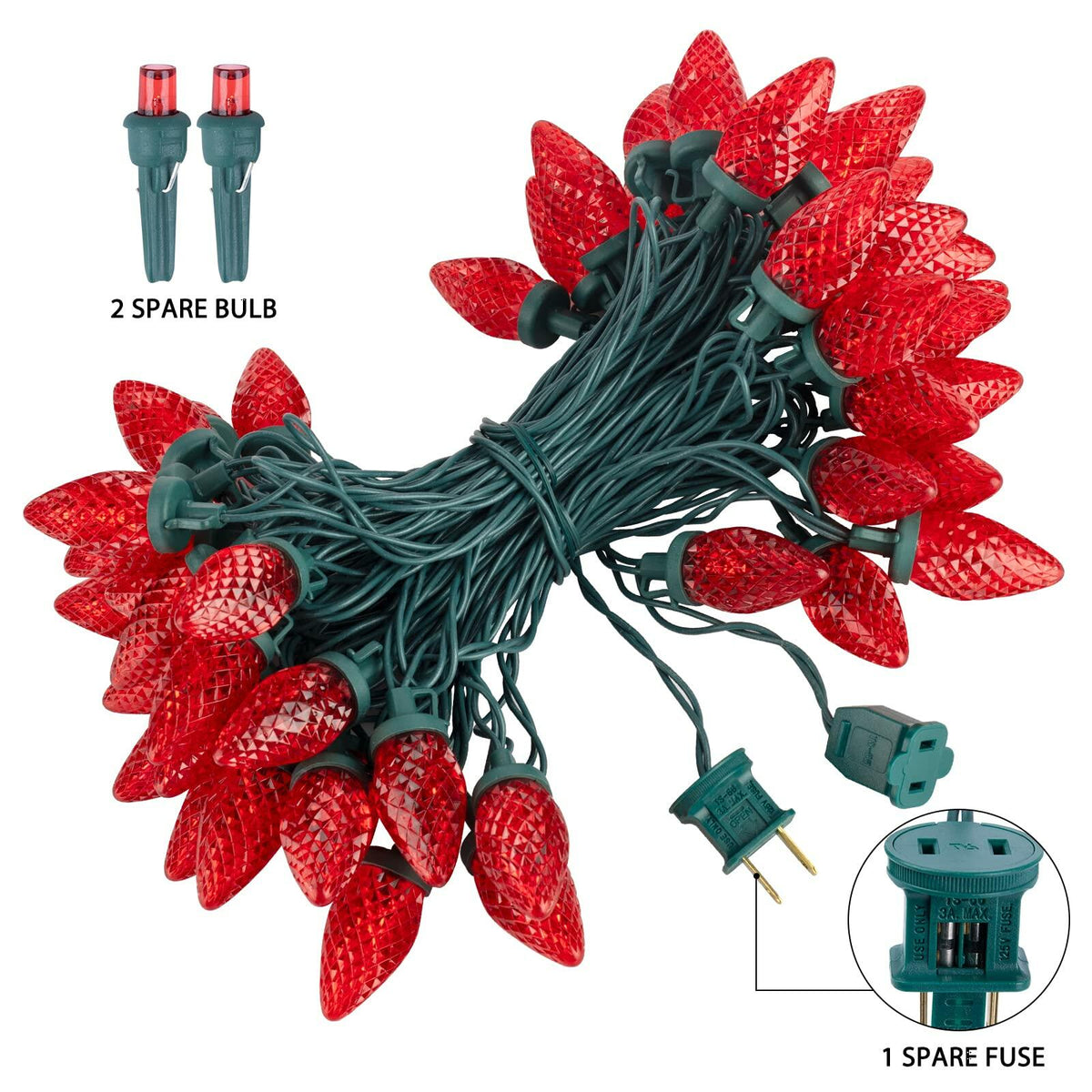 Brightown C9 LED Christmas String Lights 33ft 50 LED Red Waterproof Green Wire