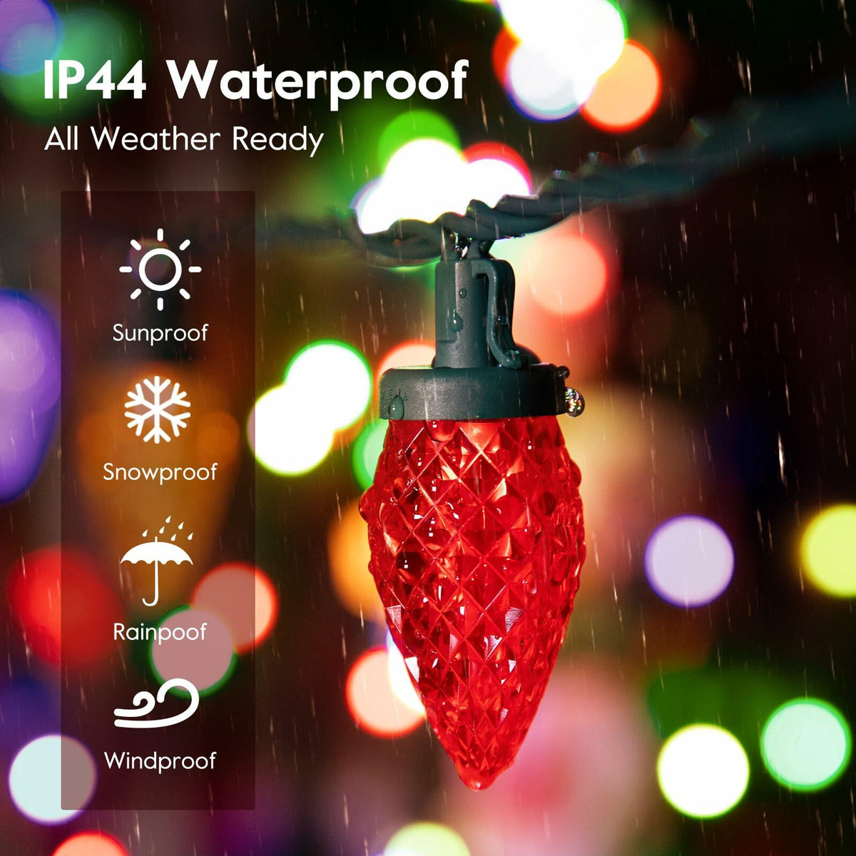 Brightown C9 LED Christmas String Lights 33ft 50 LED Red Waterproof Green Wire