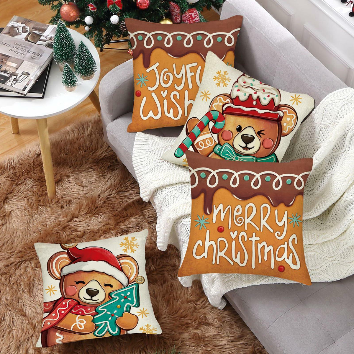 Fahrendom Christmas Bear Deer Throw Pillow Covers 18x18 Set of 4 Pink