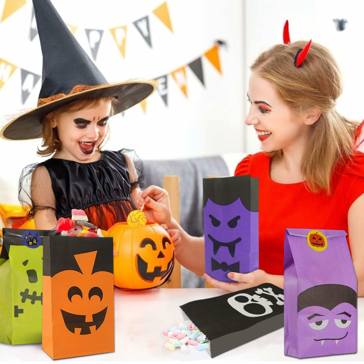 Mucinia Halloween Candy Bags & Stickers Paper Goodie Bags 60PCS Party Favors
