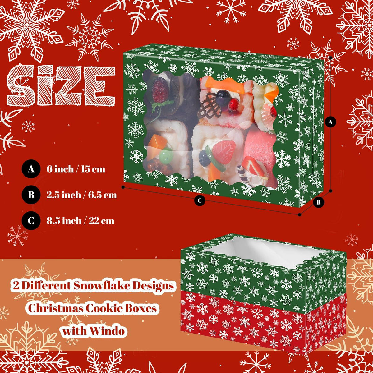 Gersoniel 24 Pcs Christmas Cookie Boxes 8.6x6x2.5in Red Green Snowflake