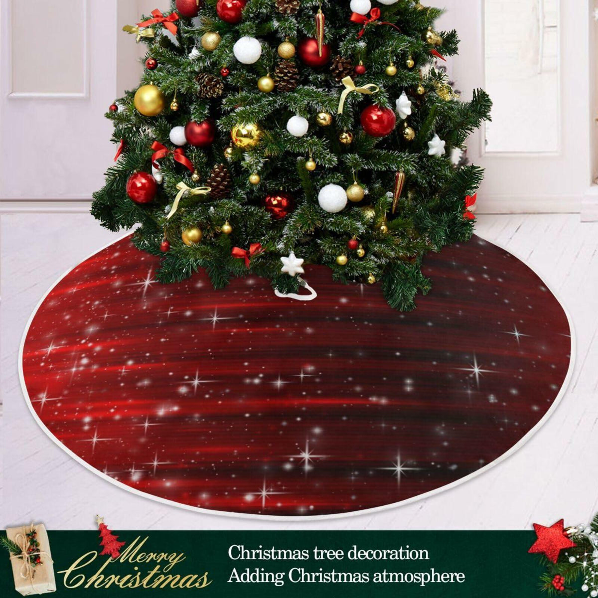 Christmas Tree Skirt 36" Red Snowflakes Burlap Xmas Holiday Indoor