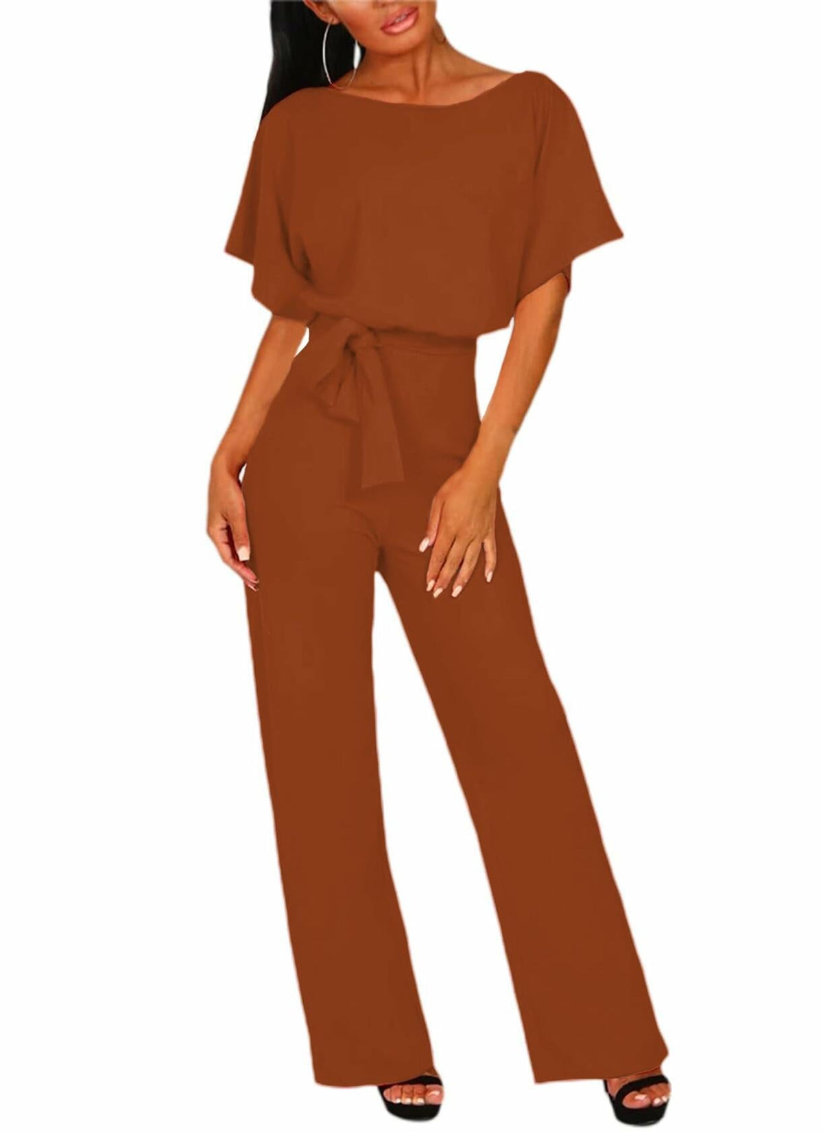 AIIYYQB Womens Summer Casual Wide Leg Jumpsuit with Belt Copper Size XX-Large