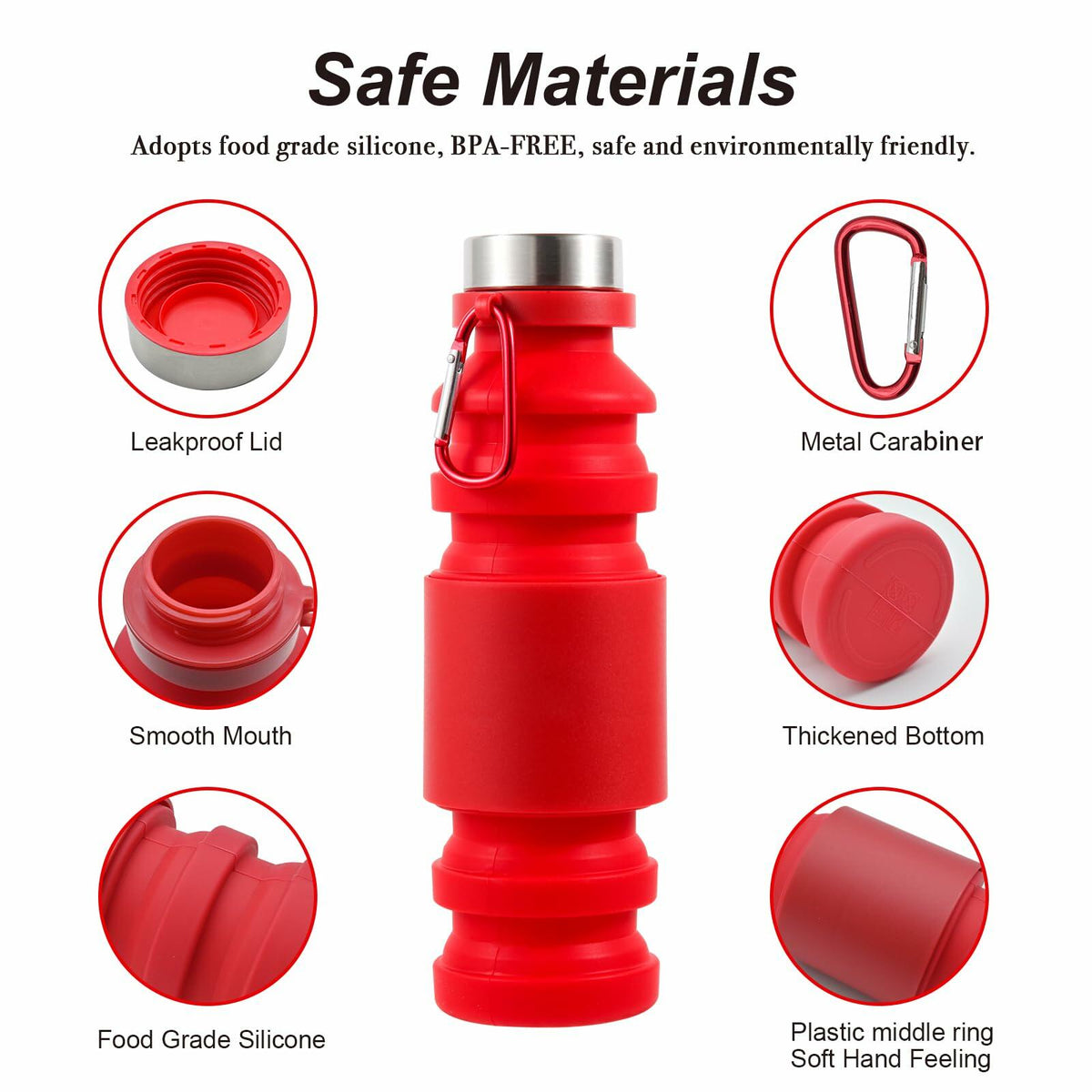 Mitour Collapsible Silicone Water Bottle 550ml Red BPA Free Foldable Reusable