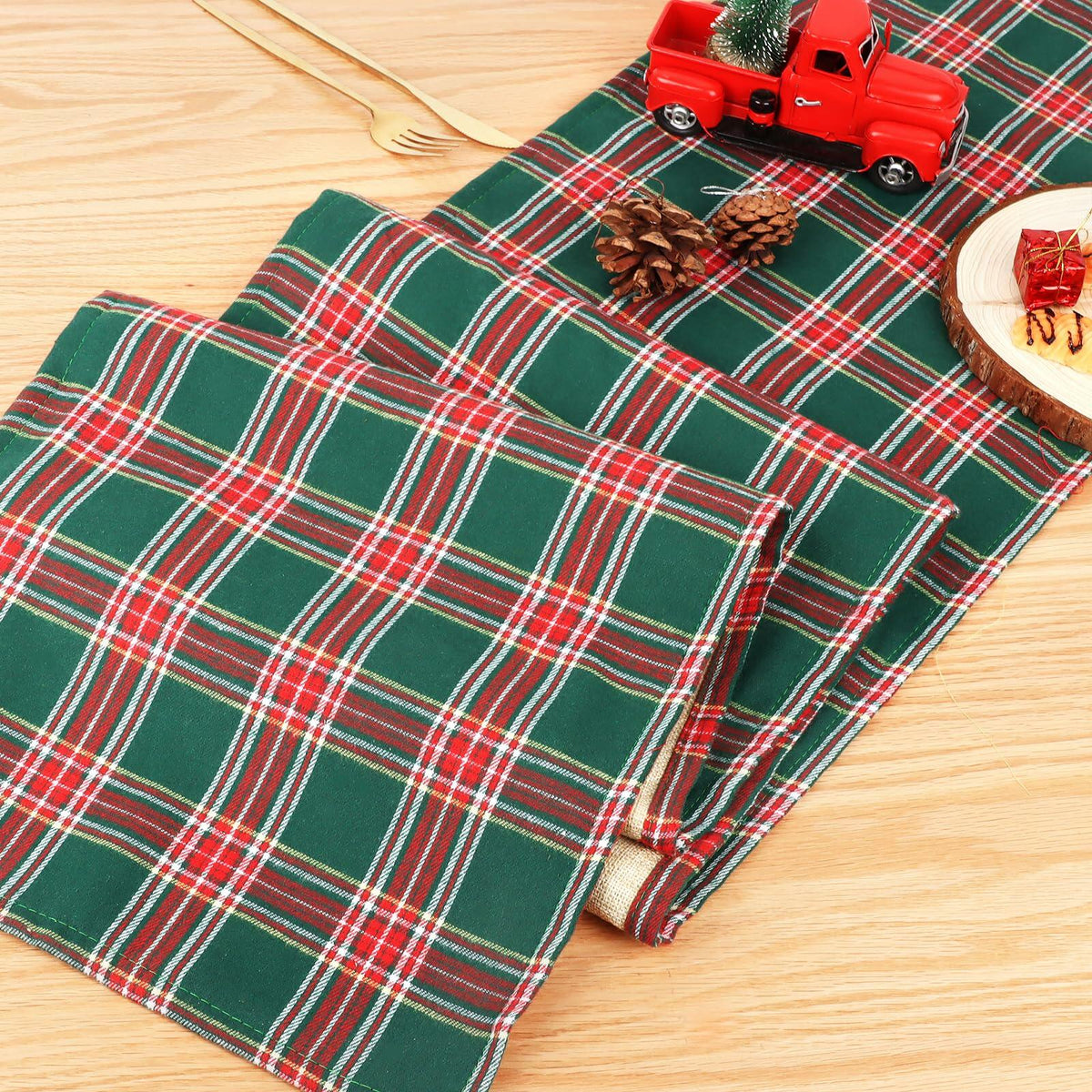 Buffalo Plaid Cotton Table Runner Reversible Red Green 14x84 Inch