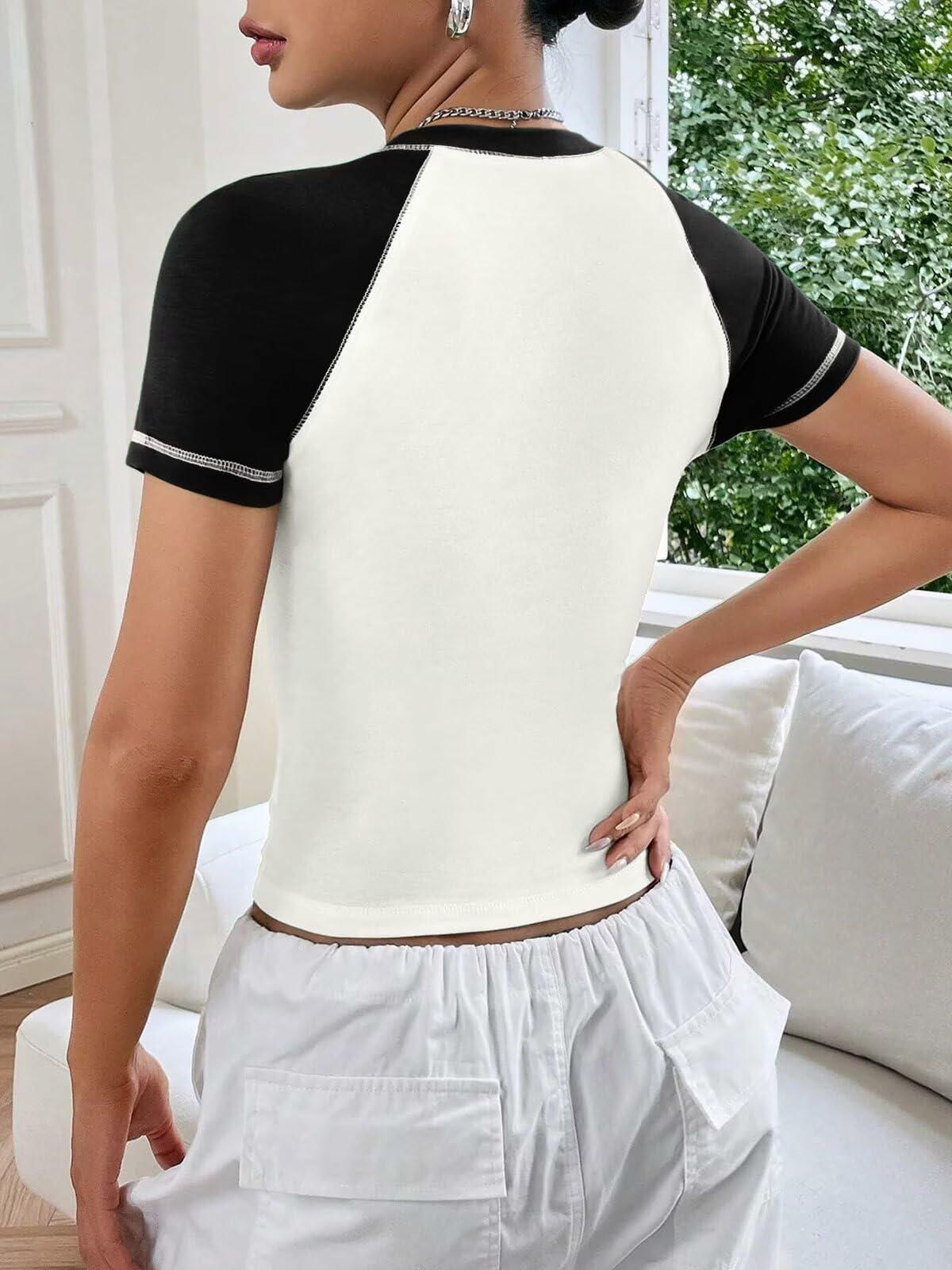 Women's Short Sleeve Crewneck Slim Fit White with Black Sleeve T Shirt Size XL