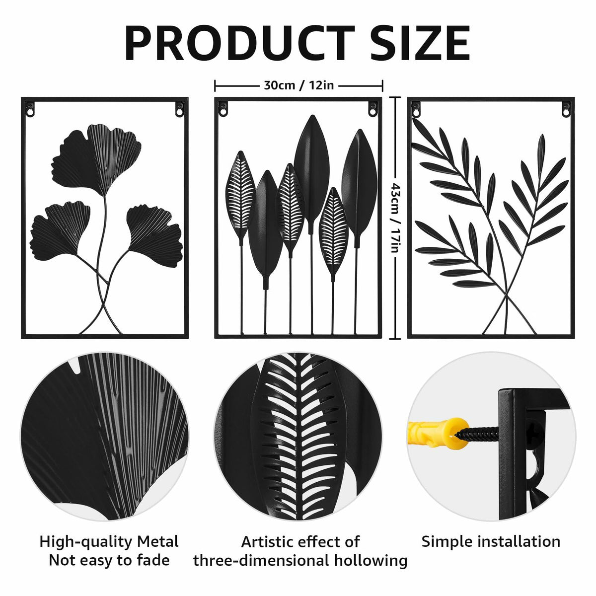 Black Metal Leaf Wall Art 3-Piece Modern Minimalist Decor Home Office