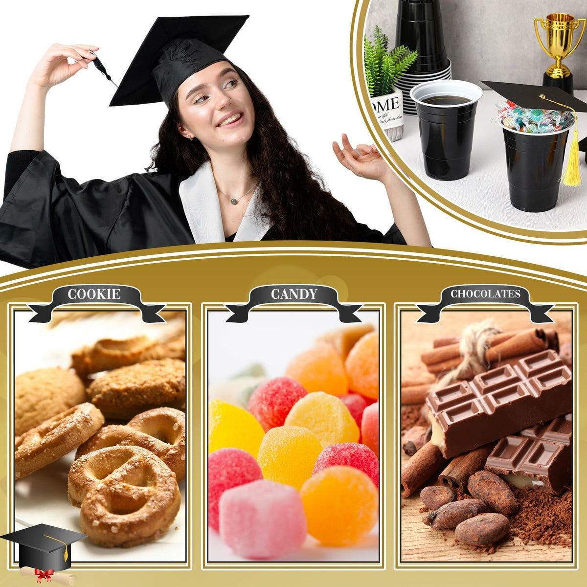 Jingmore Graduation Gift Box 30 Set 16oz Black Plastic Cups Graduation Cap