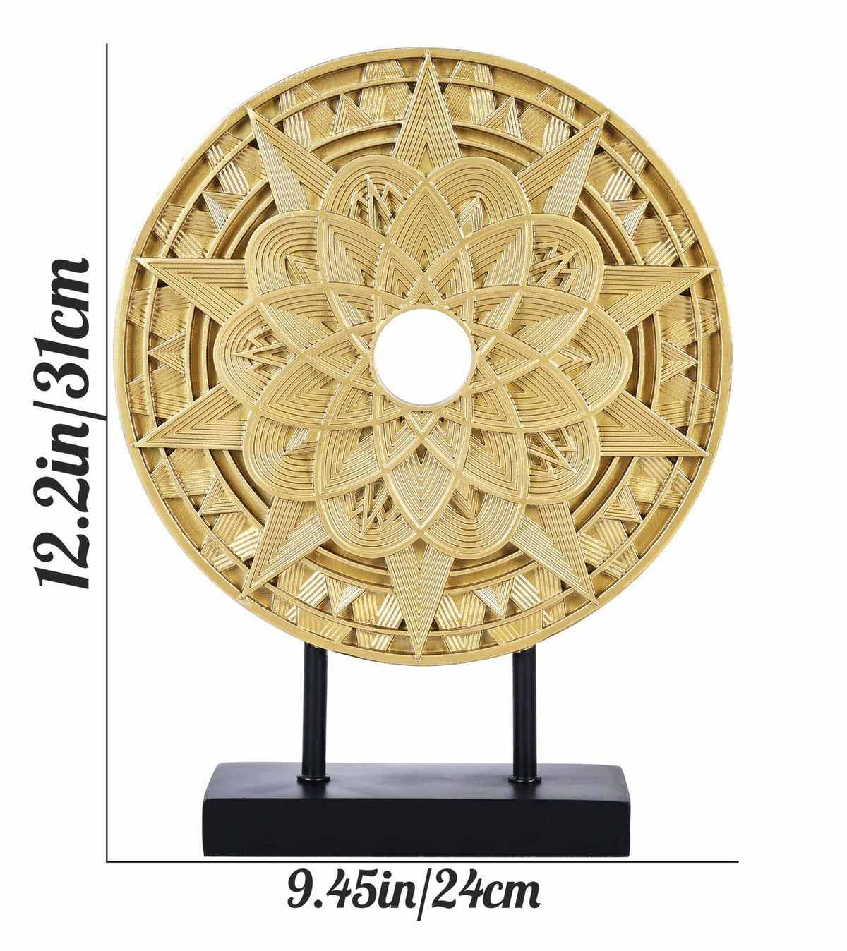 Geometric Mandala Sculpture Black Gold Round Art Decor for Shelf Table Office