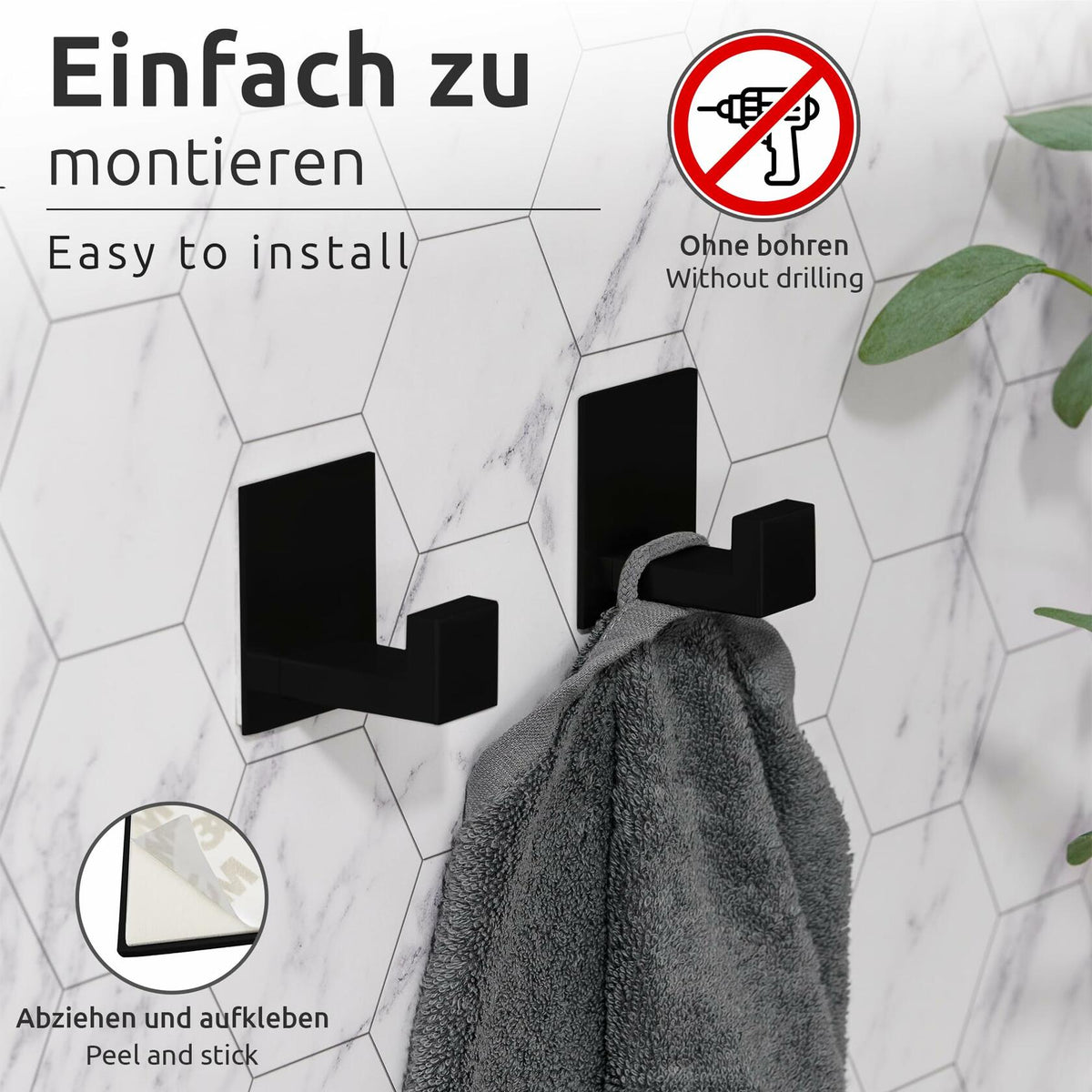 ECENCE Bathroom Set Black 1 Toilet Roll Holder + 2 Towel Hooks No Drilling