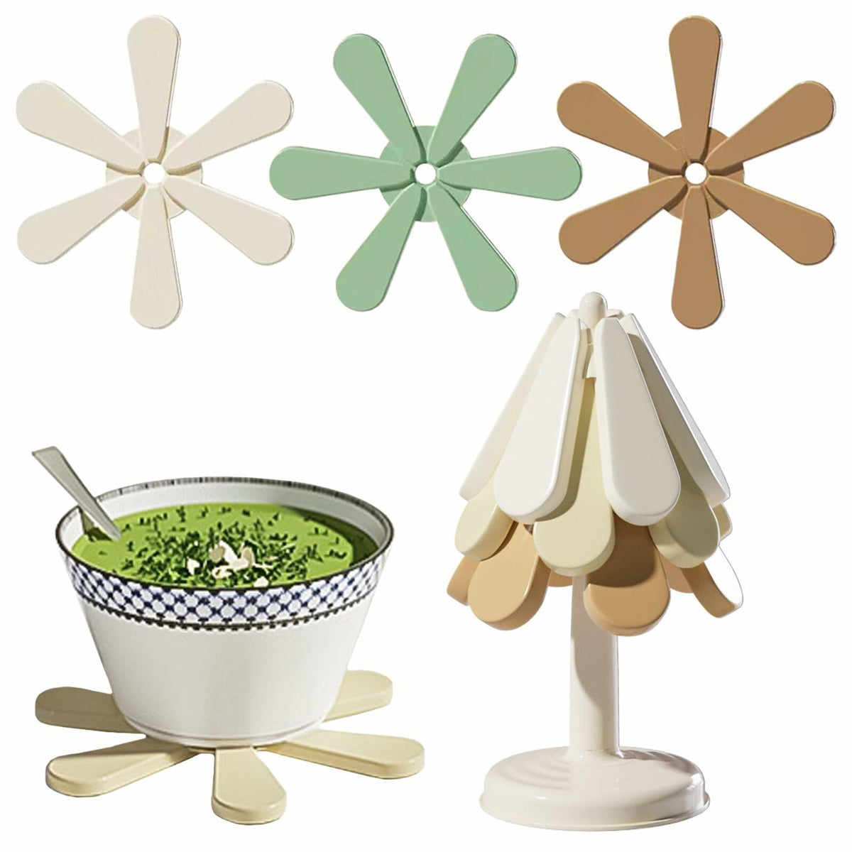 Silicone Trivets for Hot Dishes 3 Tree Coasters + 1 Foldable Stand Green