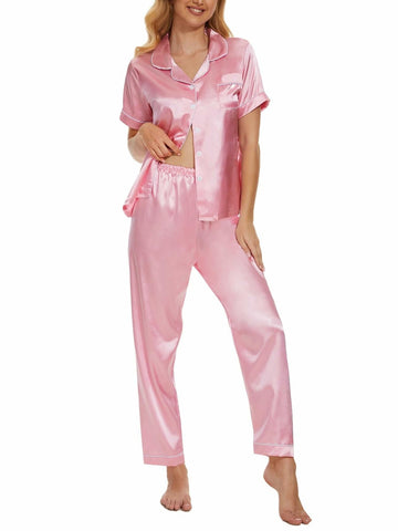 Women's Plus Size Pajama Set Short & Long Sleeve Top with Pants Size M Pink