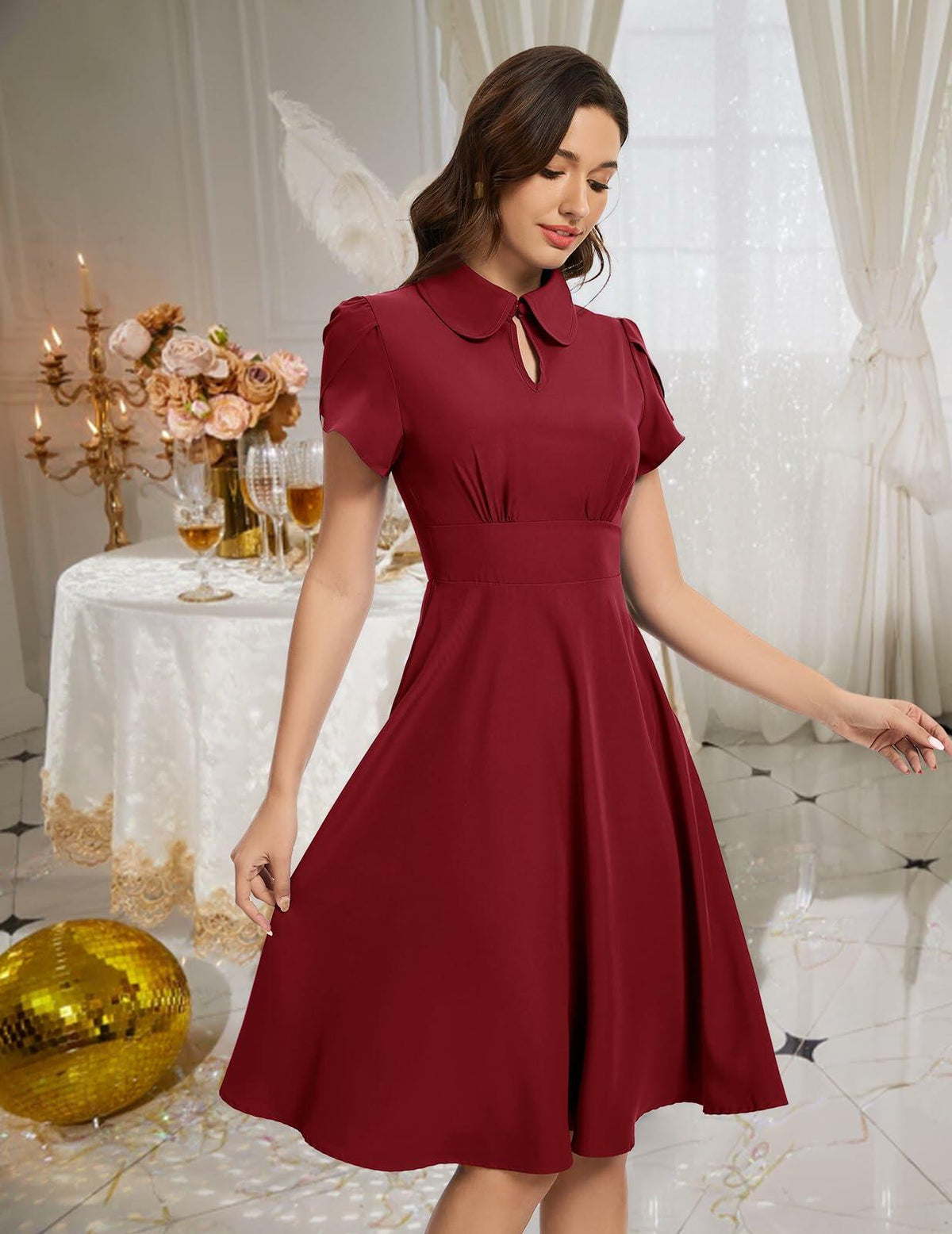 Bbonlinedress Retro Short Sleeve Collared Swing Dress Burgundy Size M