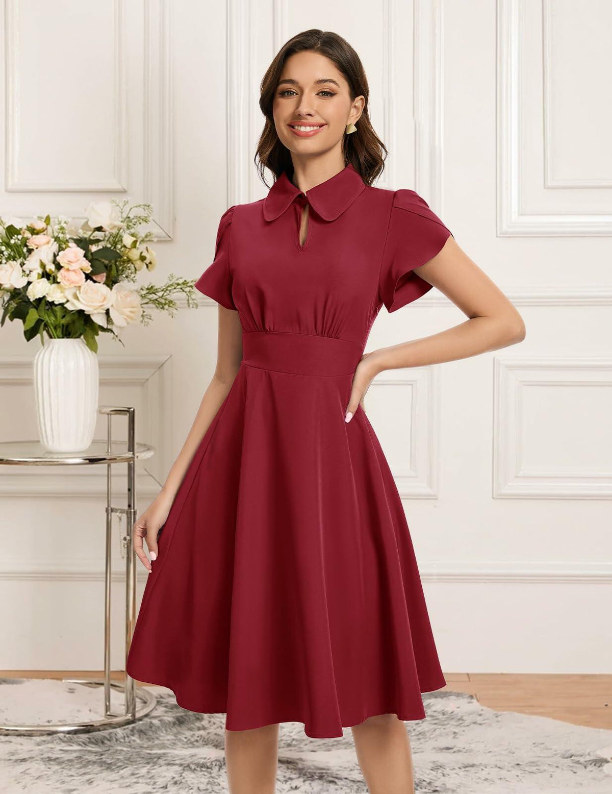 Bbonlinedress Retro Short Sleeve Collared Swing Dress Burgundy Size M