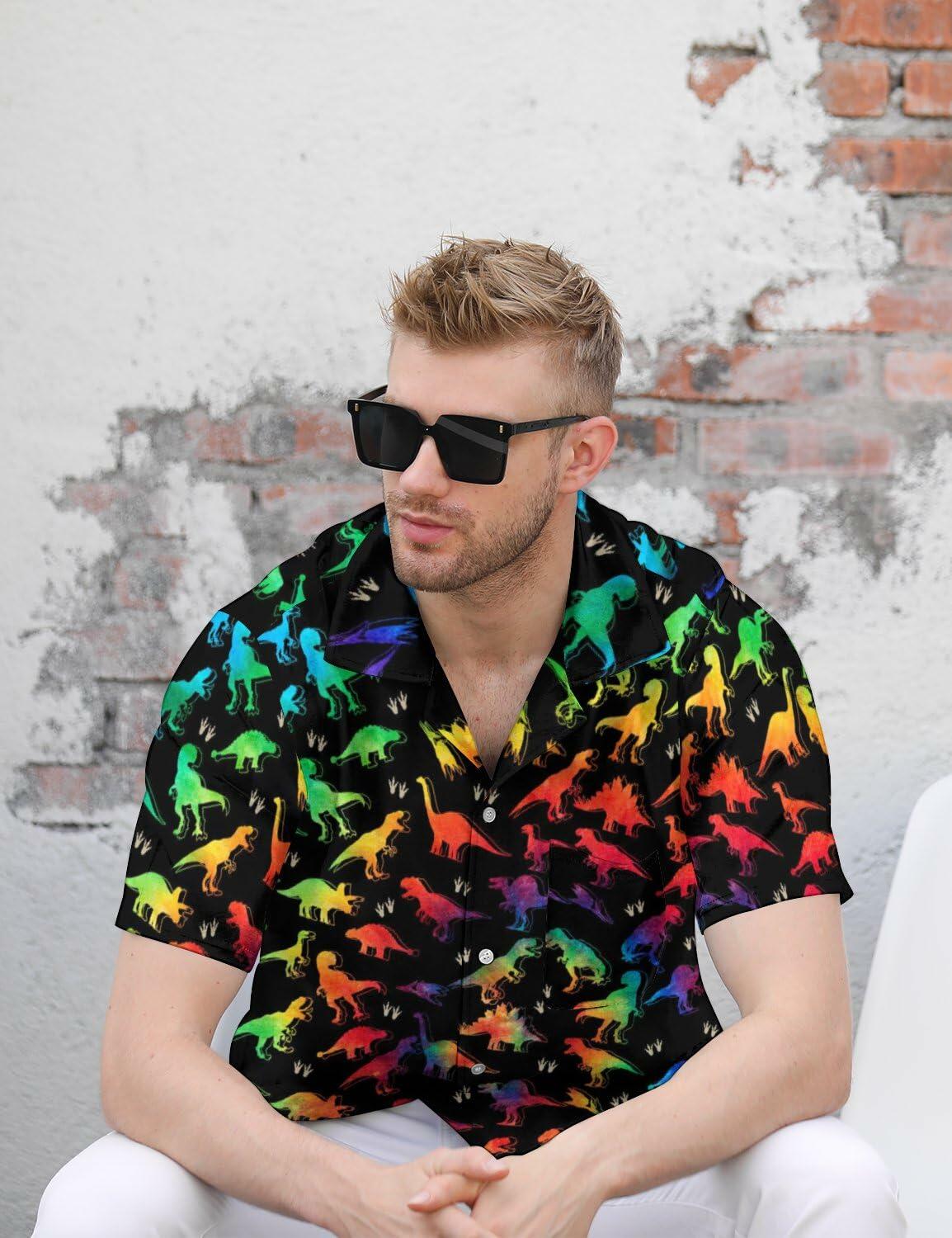 GADZILLE Mens Dinosaur Tie Dye Button Down Shirt Rainbow Size XXL