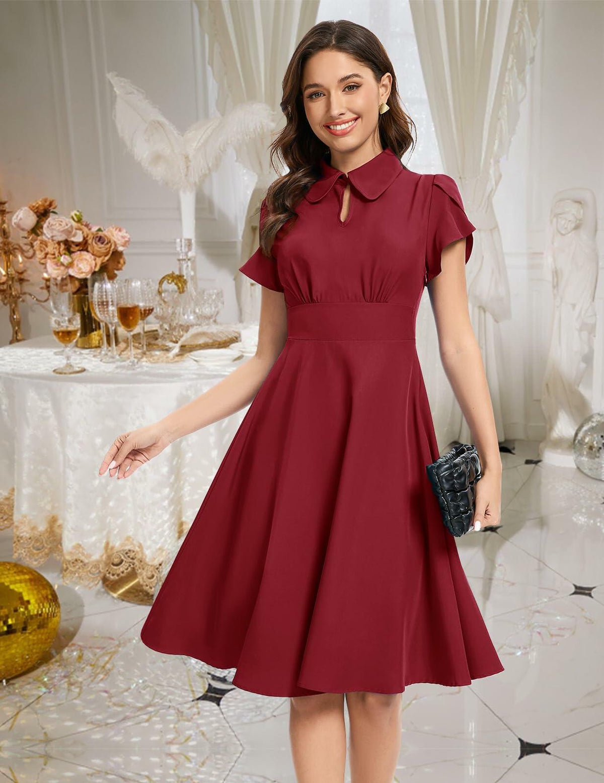 Bbonlinedress Retro Short Sleeve Collared Swing Dress Burgundy Size M