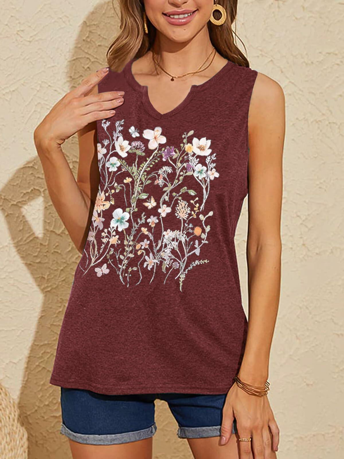 YIUIERE Womens Floral V Neck Tank Top Maroon Size S