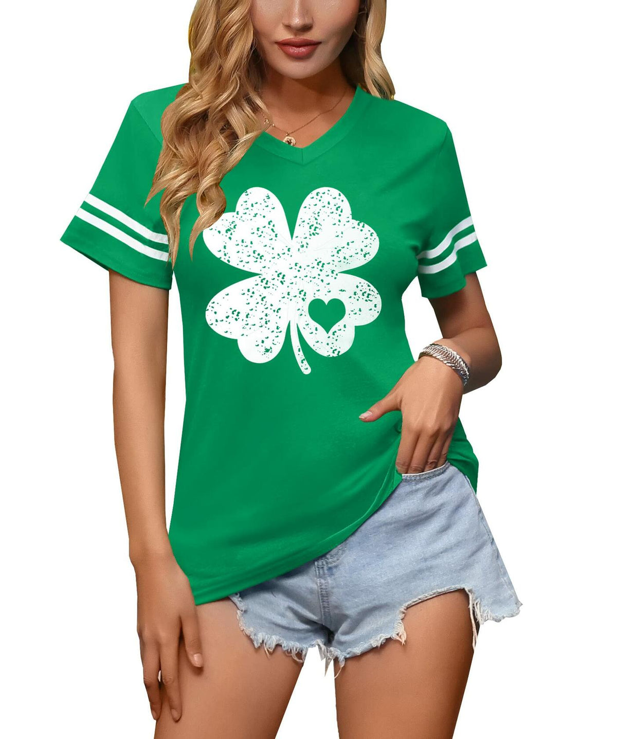 Women St Patricks Lucky Green V Neck T Shirt Gold Shamrock Size M