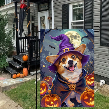 Happy Halloween Garden Flag Witch Hat Corgi Polyester 12x18 Inch Double Sided