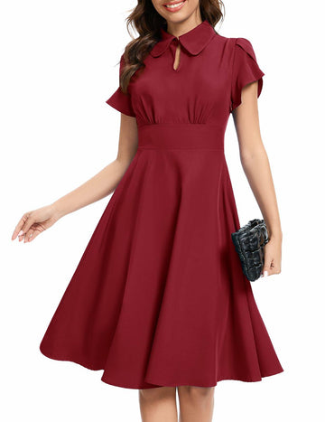 Bbonlinedress Retro Short Sleeve Collared Swing Dress Burgundy Size M