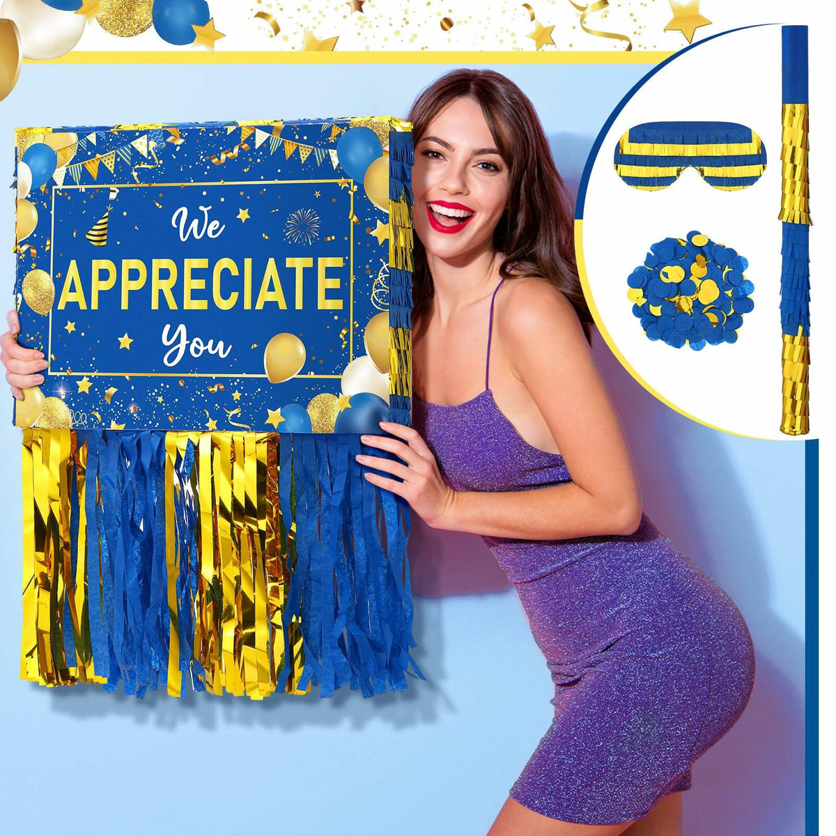 Poen We Appreciate You Piñata with Stick Blindfold Blue Gold Confetti 16x12