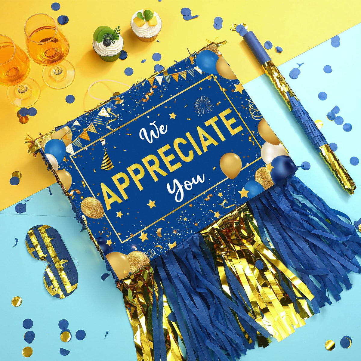 Poen We Appreciate You Piñata with Stick Blindfold Blue Gold Confetti 16x12