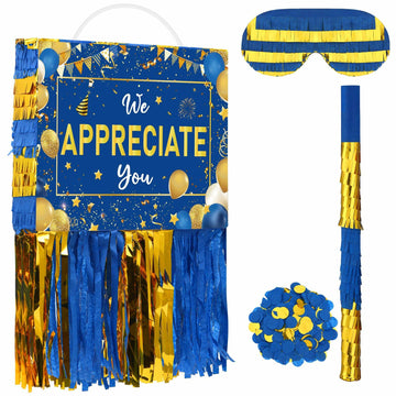 Poen We Appreciate You Piñata with Stick Blindfold Blue Gold Confetti 16x12