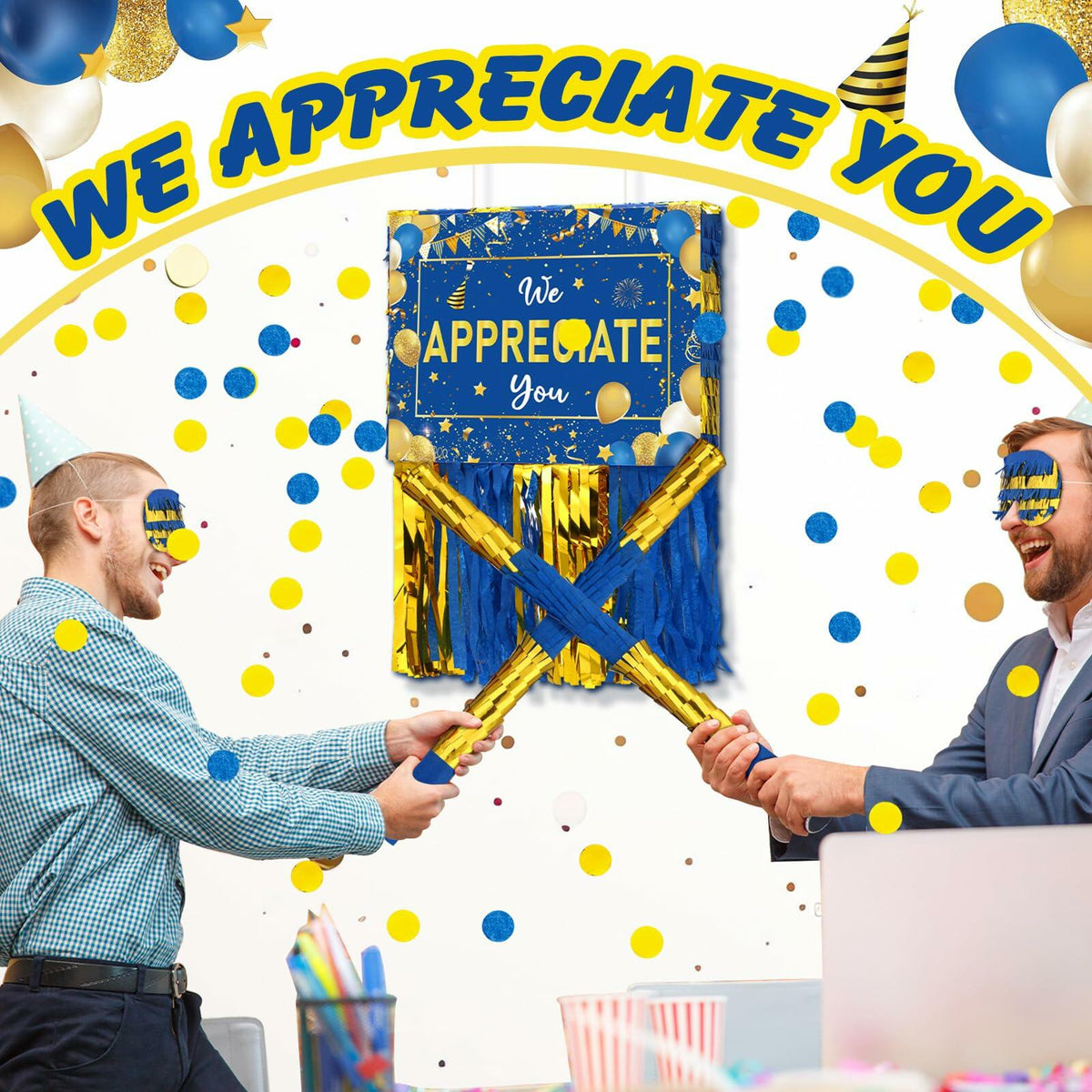 Poen We Appreciate You Piñata with Stick Blindfold Blue Gold Confetti 16x12