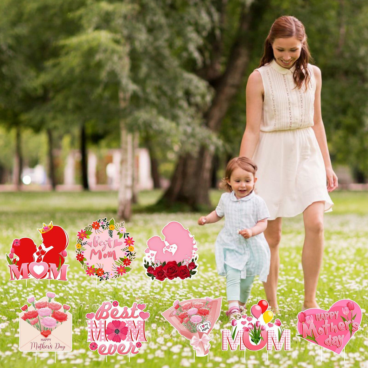 Arosche Mothers Day Yard Signs 8pcs with Stakes Outdoor Party Decorations
