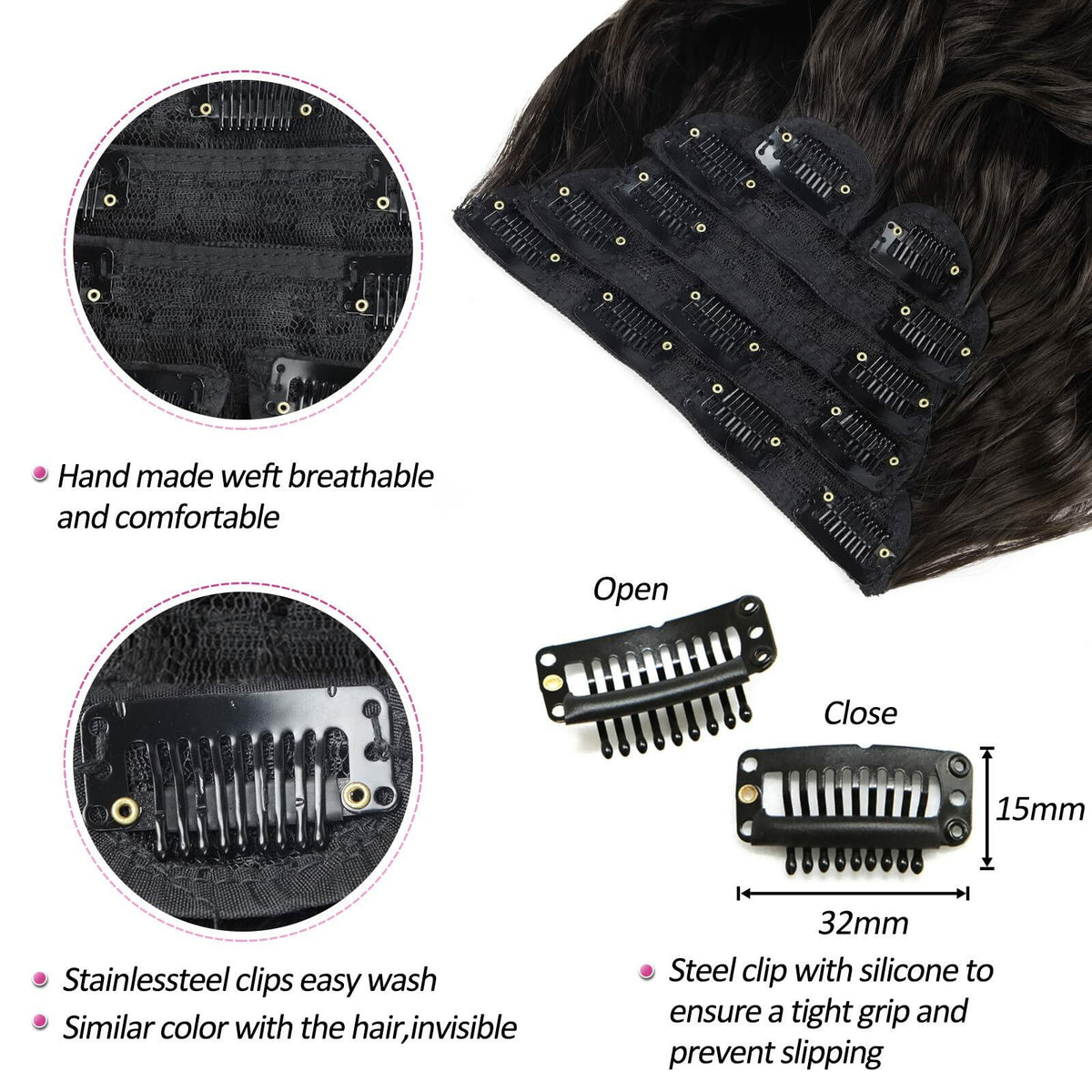 BHF 20in Wavy Clip In Synthetic Hair Extensions Full Head 6pcs Dark Brown